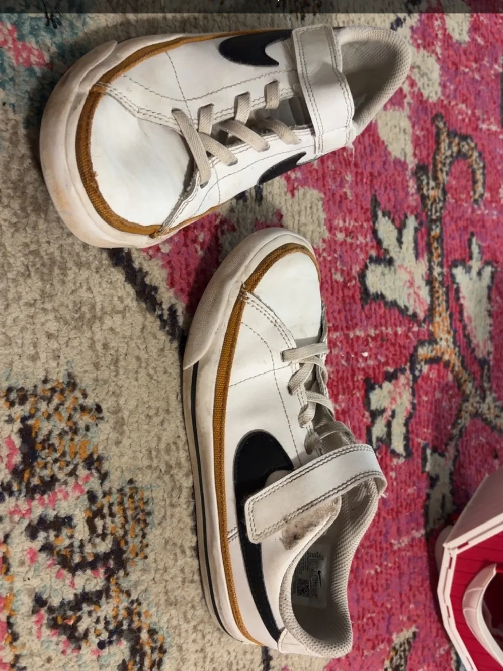 Nike Kids White Sneakers with Black Swoosh and Brown Trim - Velcro & Laces